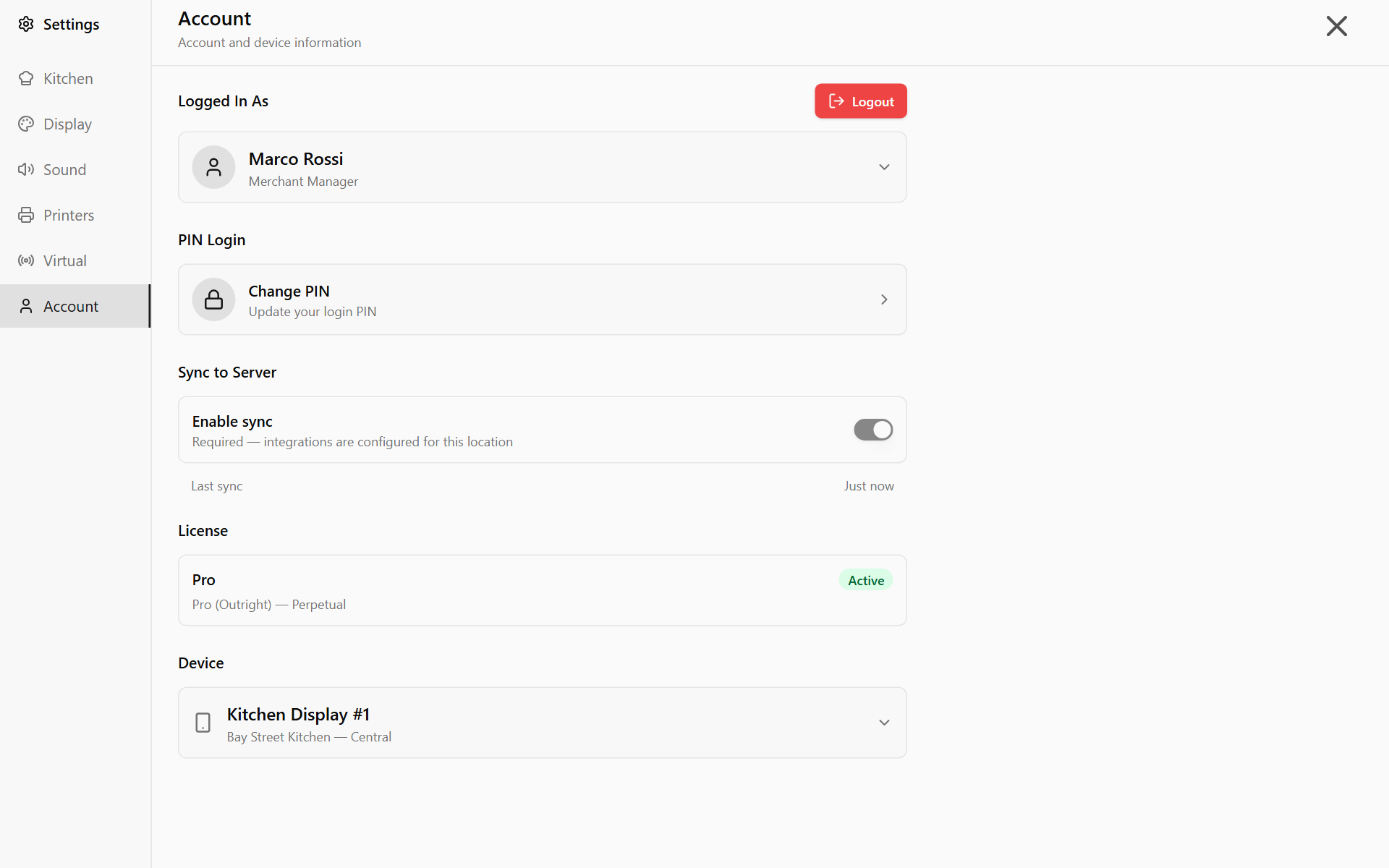 Settings, Account showing Logged In As, PIN Login, Sync to Server, the License and the Device