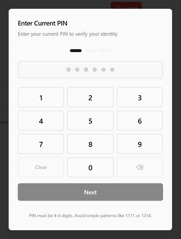 The Change PIN dialog with its number pad