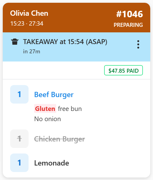 An order card with Beef Burger in blue, the word Gluten highlighted in red, and a struck-off item with no colour