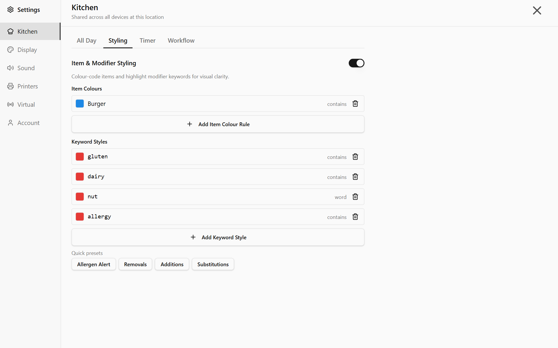 Settings, Kitchen, Styling with a blue Burger item colour and the Allergen Alert keywords
