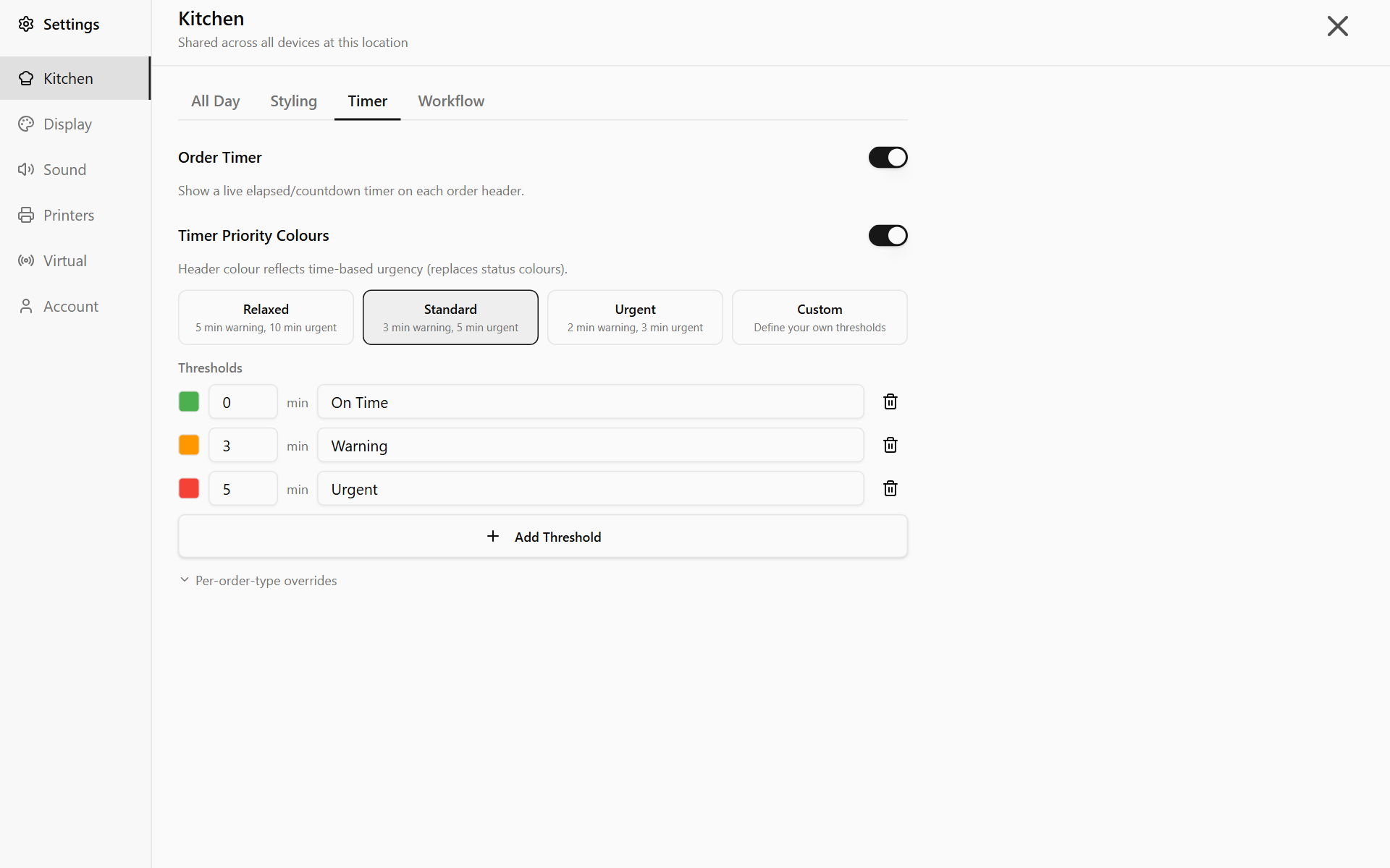 Settings, Kitchen, Timer with Order Timer and Timer Priority Colours on and the Standard preset
