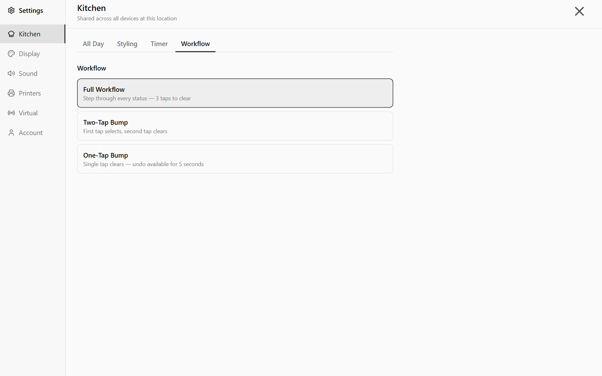 Settings, Kitchen, Workflow with Full Workflow, Two-Tap Bump and One-Tap Bump
