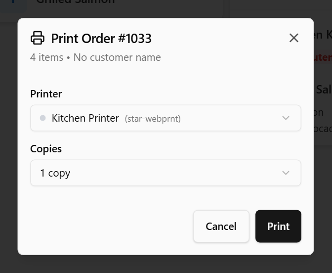The Print dialog with a printer to choose and the number of copies