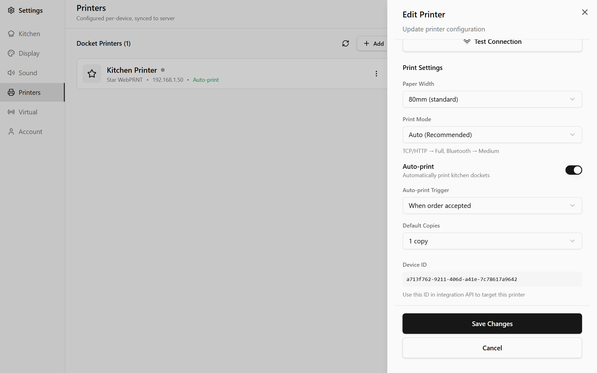 Settings, Printers with a kitchen printer set to print automatically when an order is accepted