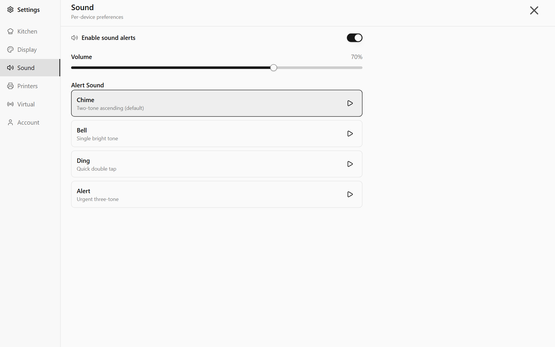 Settings, Sound with the alert sounds and the volume slider