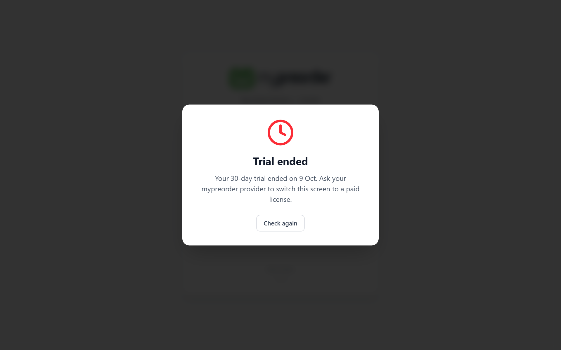 The Trial ended message covering the screen, with a Check again button