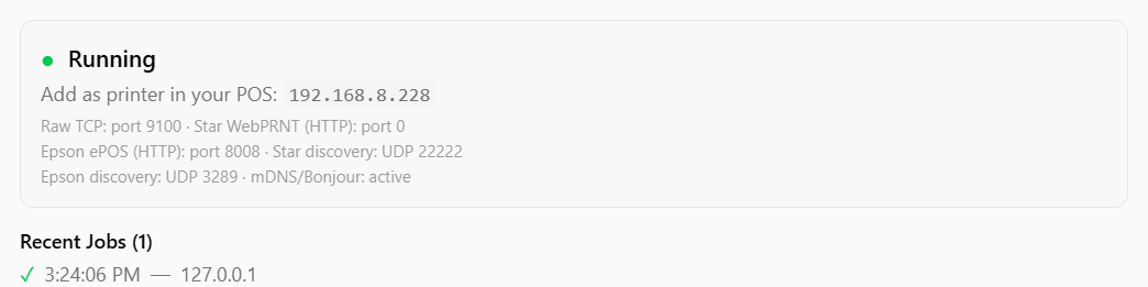 The status box reading Running, with Recent Jobs listing one received docket