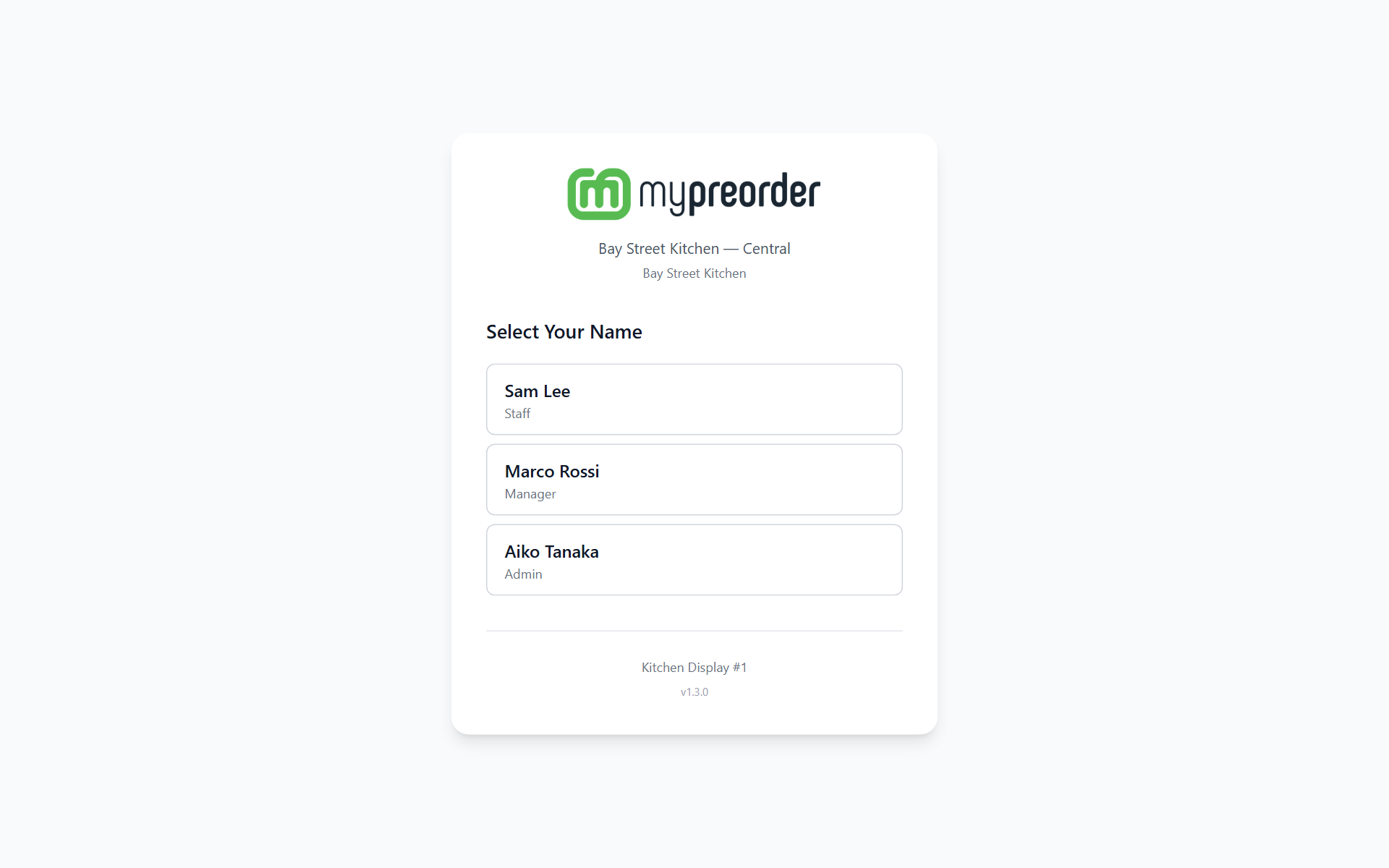 The sign-in screen with the Select Your Name list