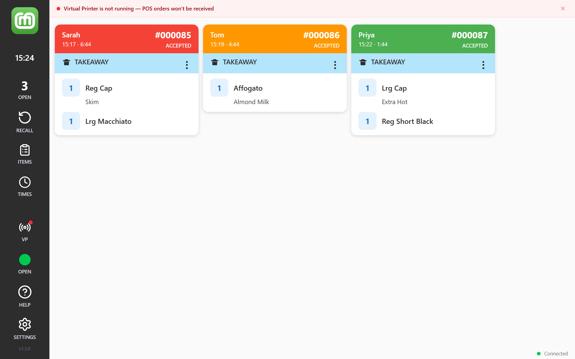 The red Virtual Printer is not running banner across the board, and the red VP button in the sidebar