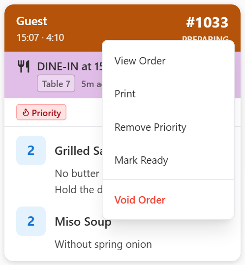 A preparing order card with its ⋮ menu open