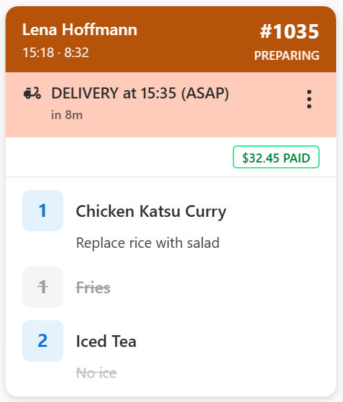 An order card with Fries and the No ice modifier struck off and greyed out