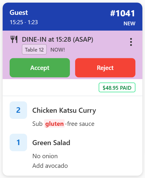 A new order card with the green Accept and red Reject buttons in the band under the header