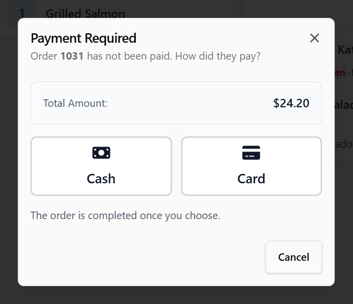 The Payment Required dialog asking How did they pay? with Cash and Card buttons
