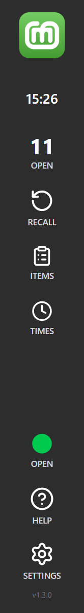 The sidebar, with the OPEN order count near the top and the green OPEN store button above HELP
