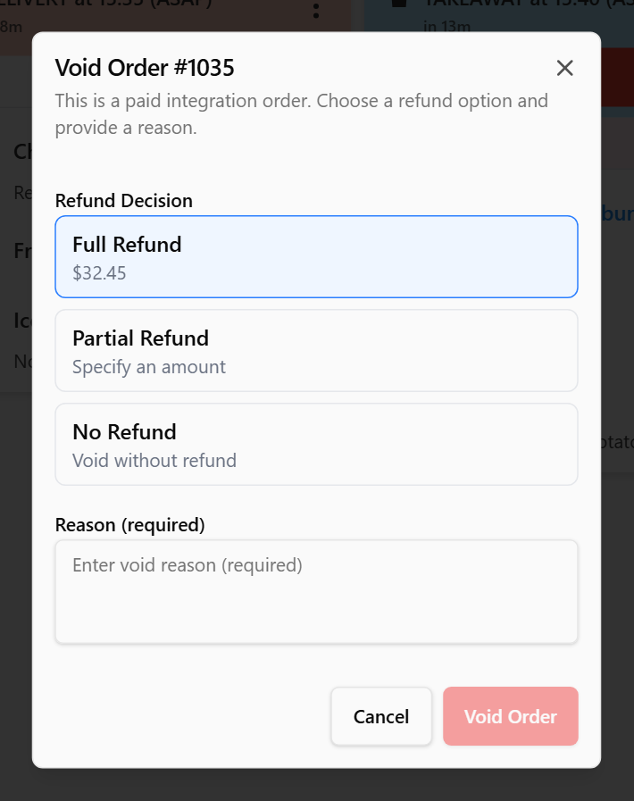 The Void Order dialog on a paid online order, with Full Refund, Partial Refund and No Refund