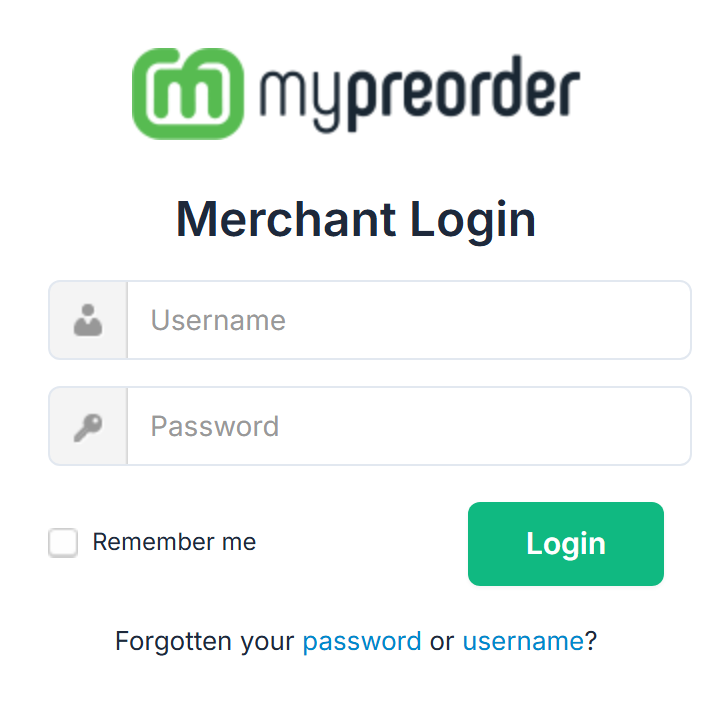 The Merchant Login: Username and Password boxes, Remember me, the Login button, and "Forgotten your password or username?" below