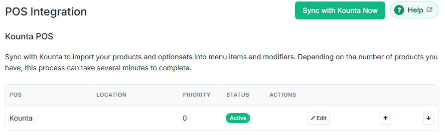 POS Integration at a Kounta store: Sync with Kounta Now, and "Sync with Kounta to import your products and optionsets into menu items and modifiers"