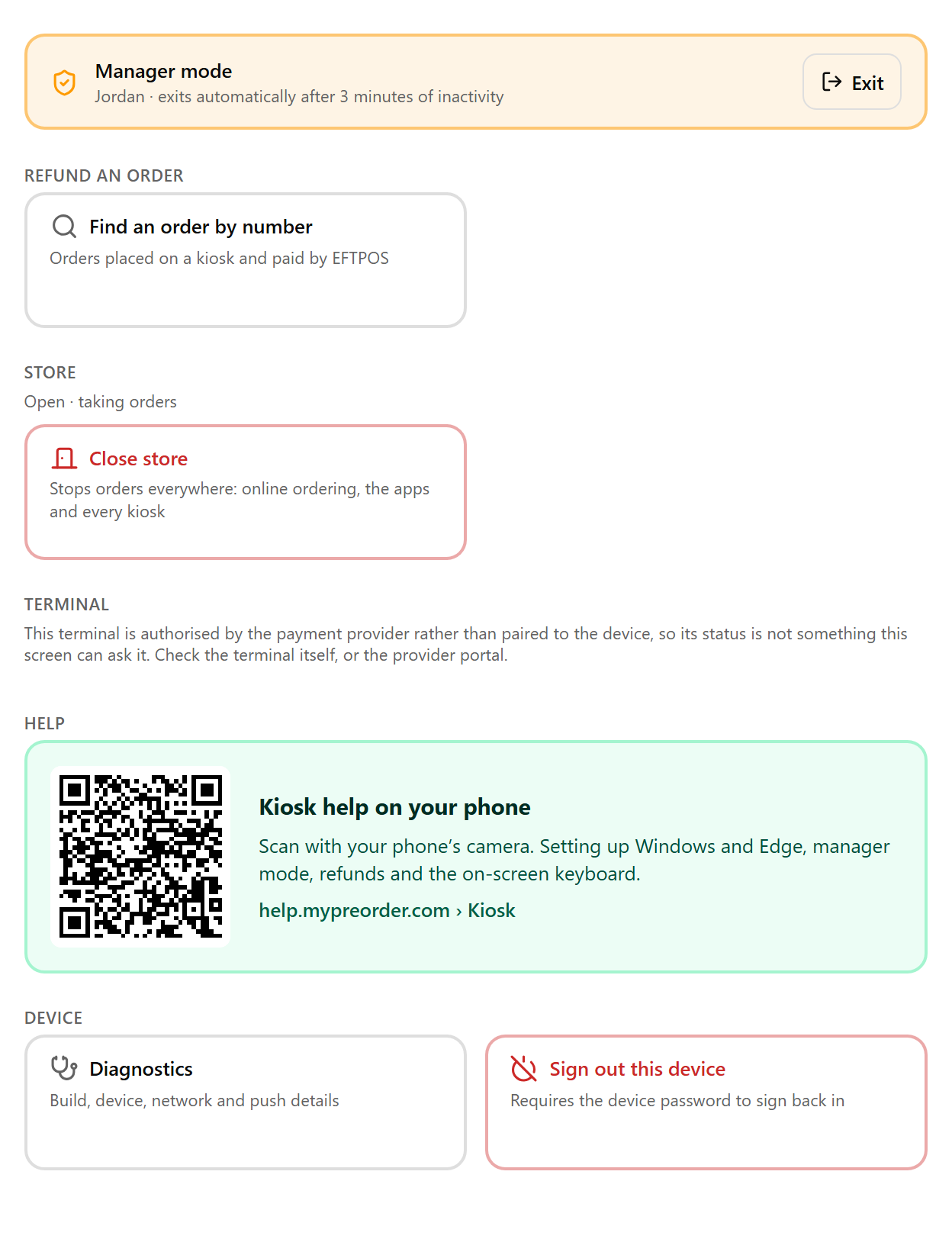 Manager mode on a kiosk: Refund an order, Store, Terminal, Help with its QR code, and Device