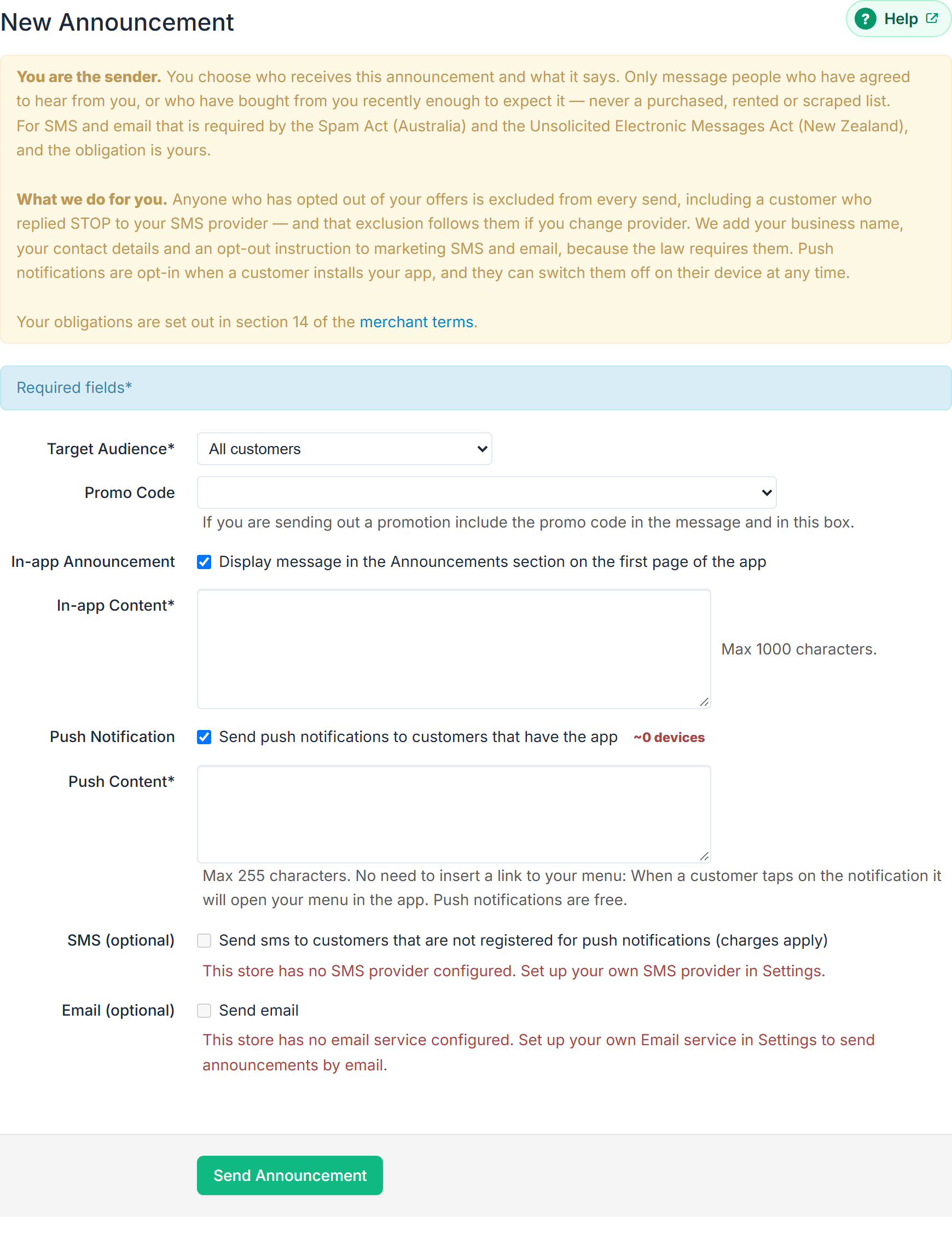 New Announcement: the You are the sender and What we do for you notes, Target Audience* All customers, Promo Code, In-app Announcement ticked with In-app Content*, Push Notification ticked (~0 devices) with Push Content*, SMS (optional) and Email (optional), each saying the store has no SMS provider or email service configured, and Send Announcement