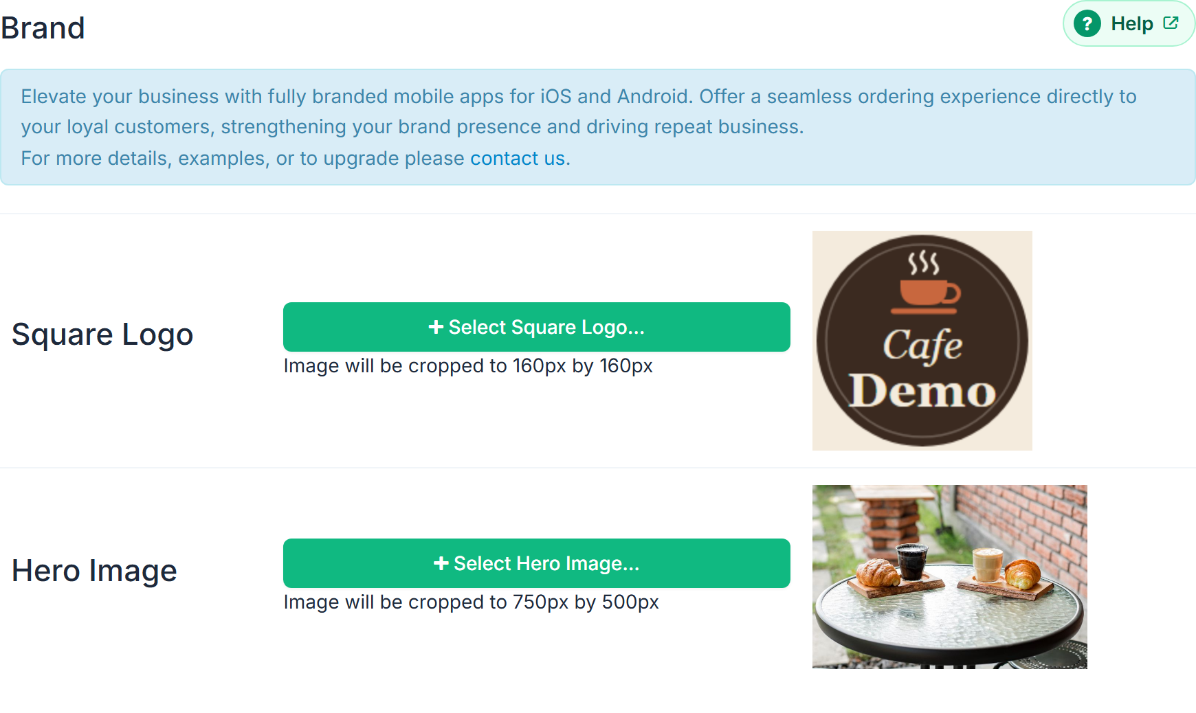 Brand: Select Square Logo... (cropped to 160px by 160px) with the current round logo beside it, and Select Hero Image... (cropped to 750px by 500px) with the current photo of a cafe table