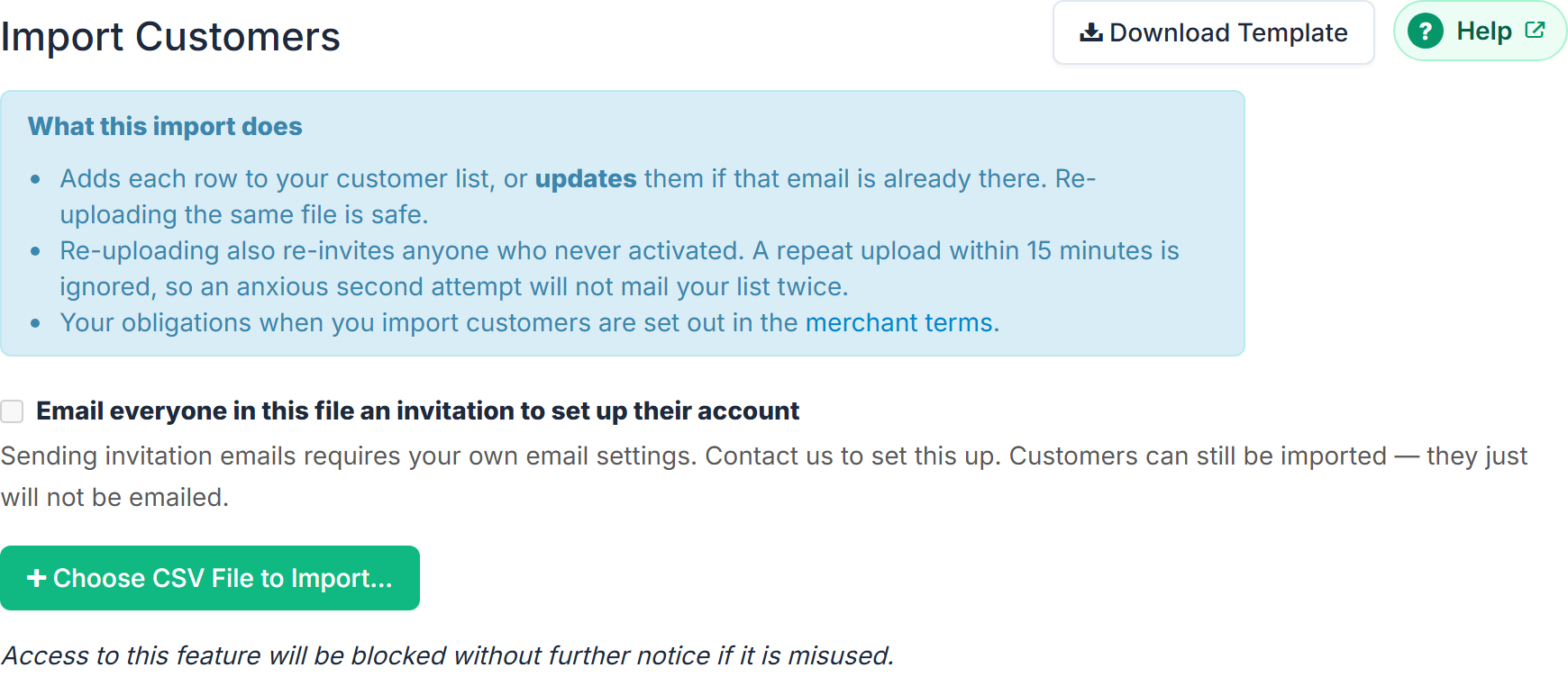 Customers › Import in the merchant portal: Download Template, What this import does, the invitation email choice and the file chooser