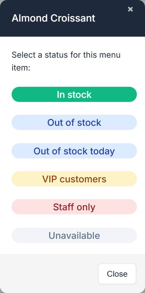 The status window for Almond Croissant: Select a status for this menu item: In stock, Out of stock, Out of stock today, VIP customers, Staff only, Unavailable, and Close