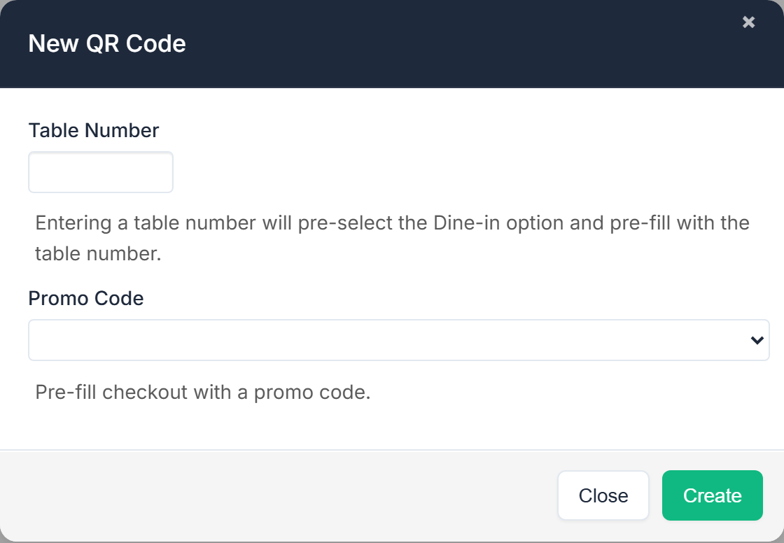 New QR Code: Table Number, which pre-selects Dine-in, and Promo Code, which pre-fills checkout, then Close and Create