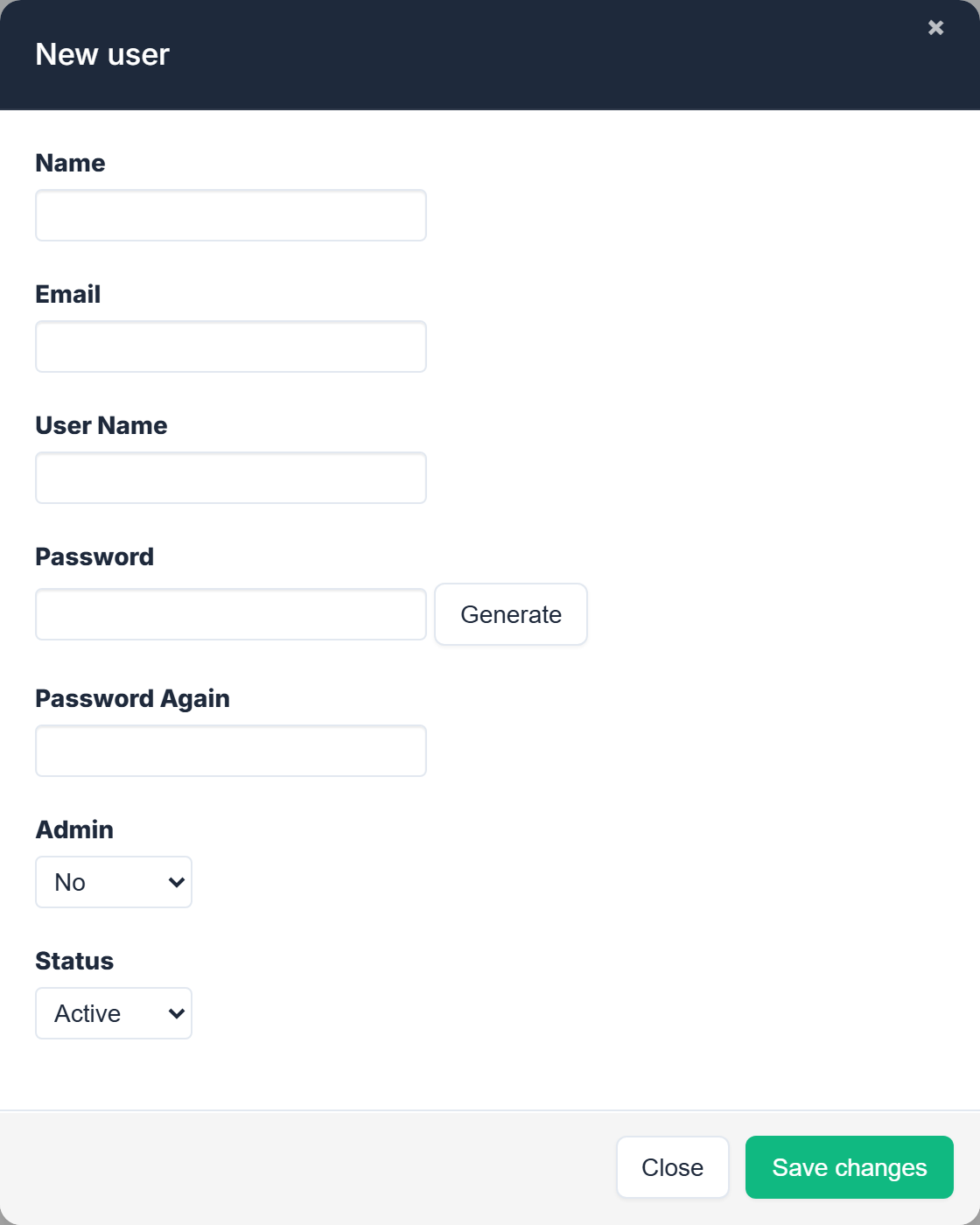 New user: Name, Email, User Name, Password with Generate, Password Again, Admin No and Status Active, then Close and Save changes