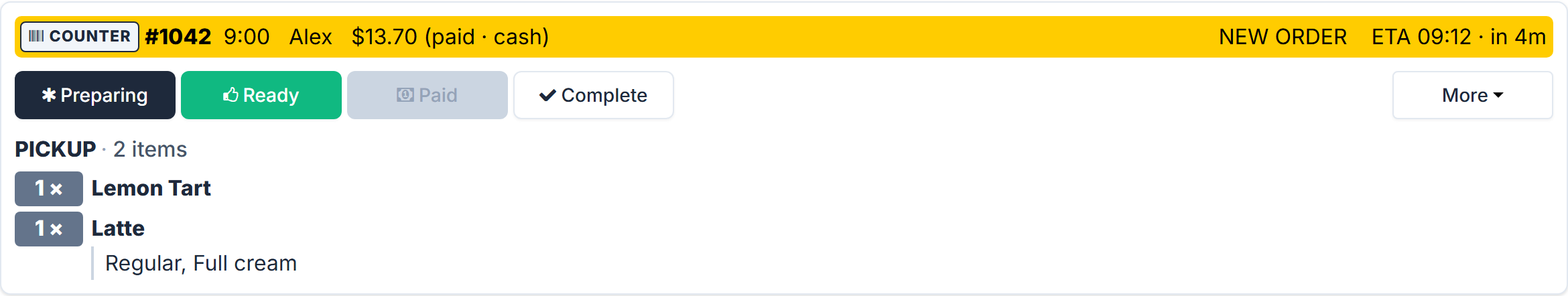 An order card on the Orders screen: the amber header with COUNTER, #1042, 9:00, Alex, $13.70 (paid · cash), NEW ORDER and ETA 09:12 · in 4m; the buttons Preparing, Ready, Paid (greyed), Complete and More; then PICKUP · 2 items, 1 × Lemon Tart, and 1 × Latte with Regular, Full cream underneath