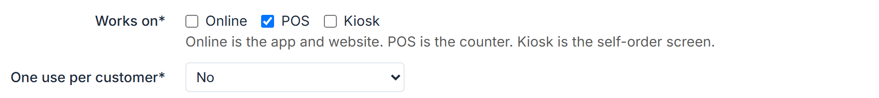 Works on* in the promotion code editor: Online, POS and Kiosk, with POS ticked, and the note that Online is the app and website, POS is the counter and Kiosk is the self-order screen; then One use per customer* No