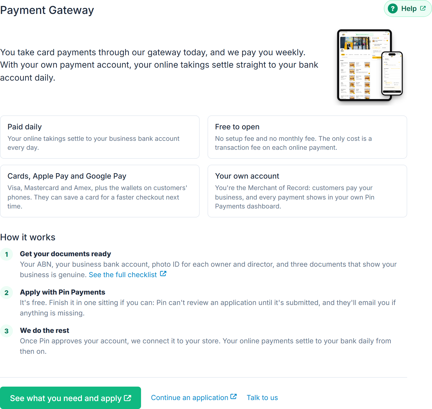 Settings › Payment Gateway: Paid daily, Free to open, Cards, Apple Pay and Google Pay, and Your own account, then the three steps and the See what you need and apply button