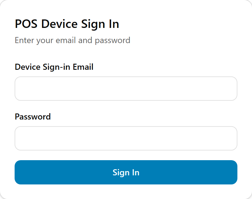 The device sign-in screen on a POS in a fresh browser: Device Sign-in Email, Password and Sign In