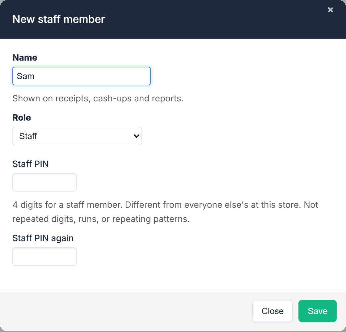 New staff member: Name, Role, Staff PIN and Staff PIN again