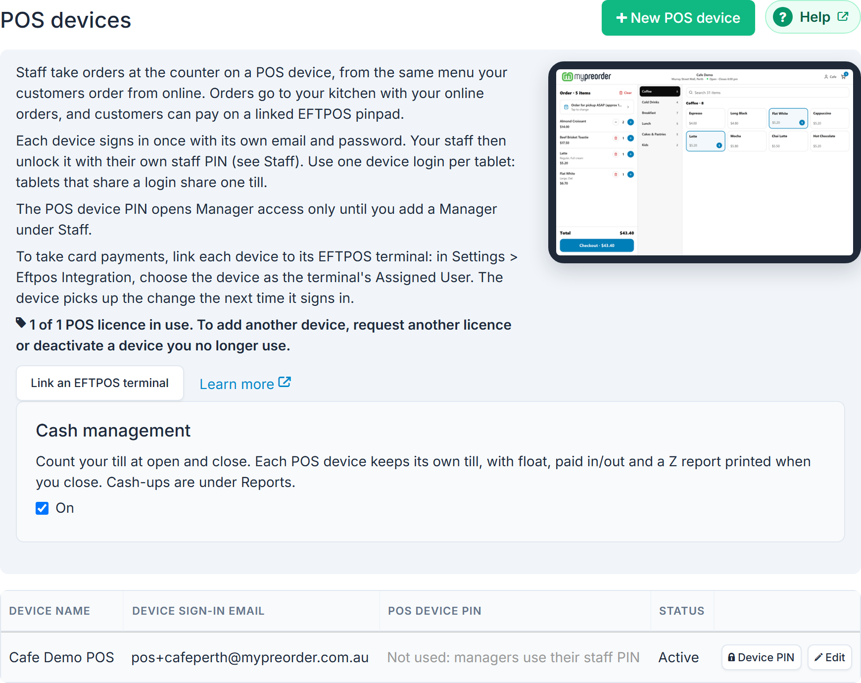Users › POS devices in the merchant portal: New POS device, what a POS device is for, Cash management, and the list of devices