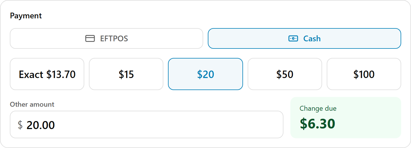 Cash at the POS checkout: Exact and the note amounts first, then Other amount with the change due beside it