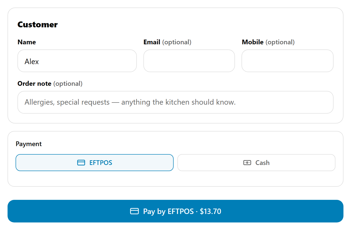 The POS checkout: the customer's name, email, mobile and order note, then Payment with EFTPOS and Cash, at a store that has Other switched off