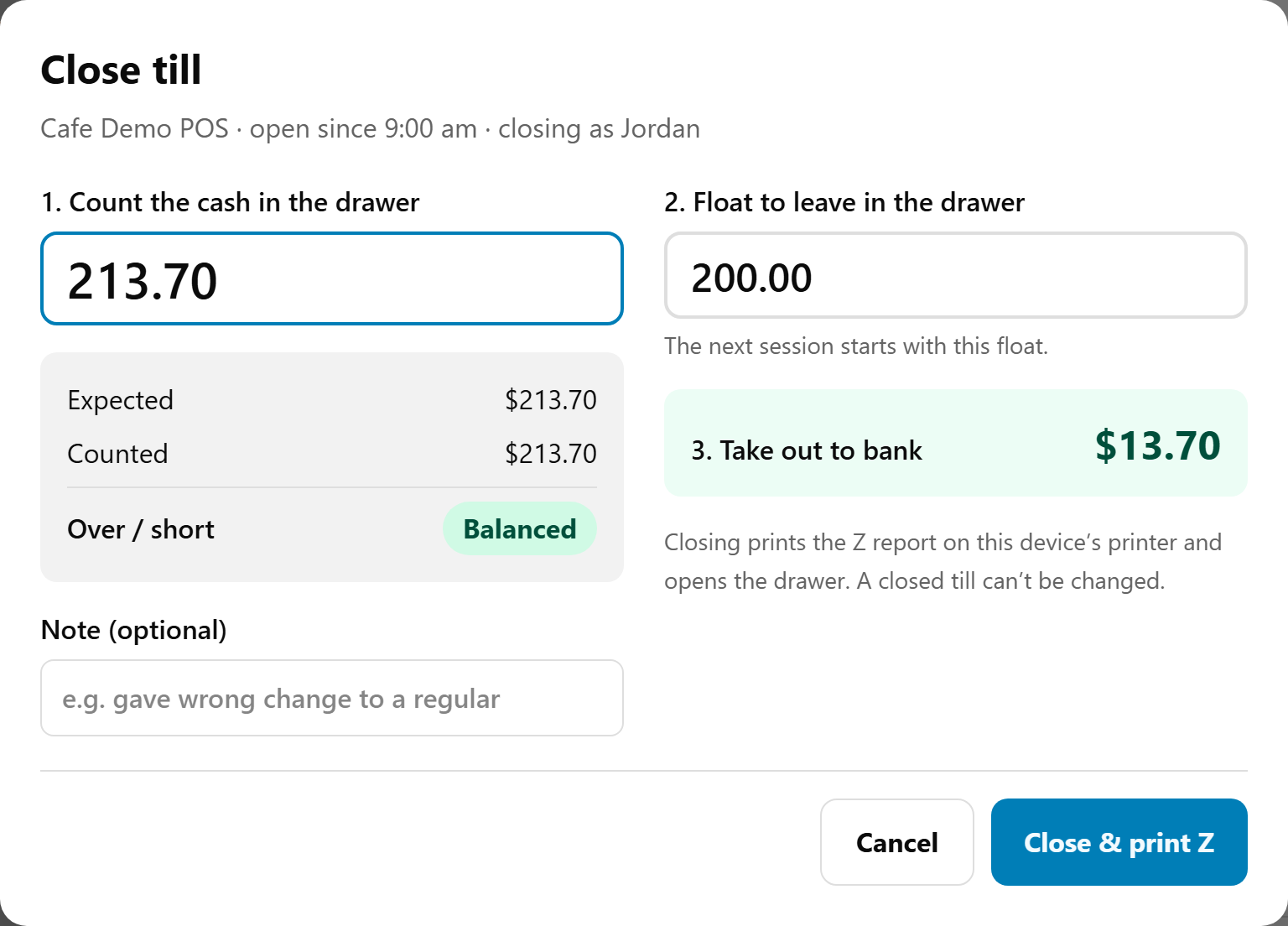 Close till: the cash counted, Expected, Counted and Over / short on the left; the float to leave and the amount to take out to bank on the right