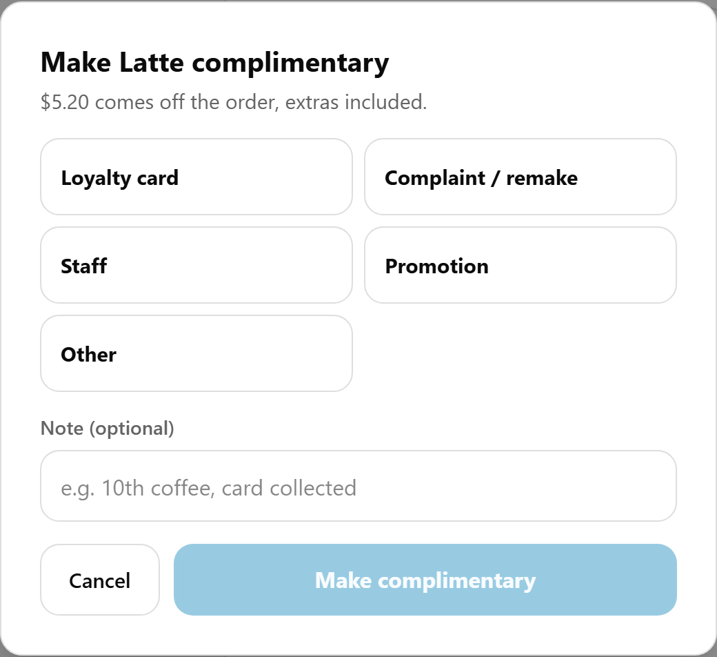 Make Latte complimentary on the POS: $5.20 comes off the order, extras included; the reasons Loyalty card, Complaint / remake, Staff, Promotion and Other; Note (optional); then Cancel and Make complimentary