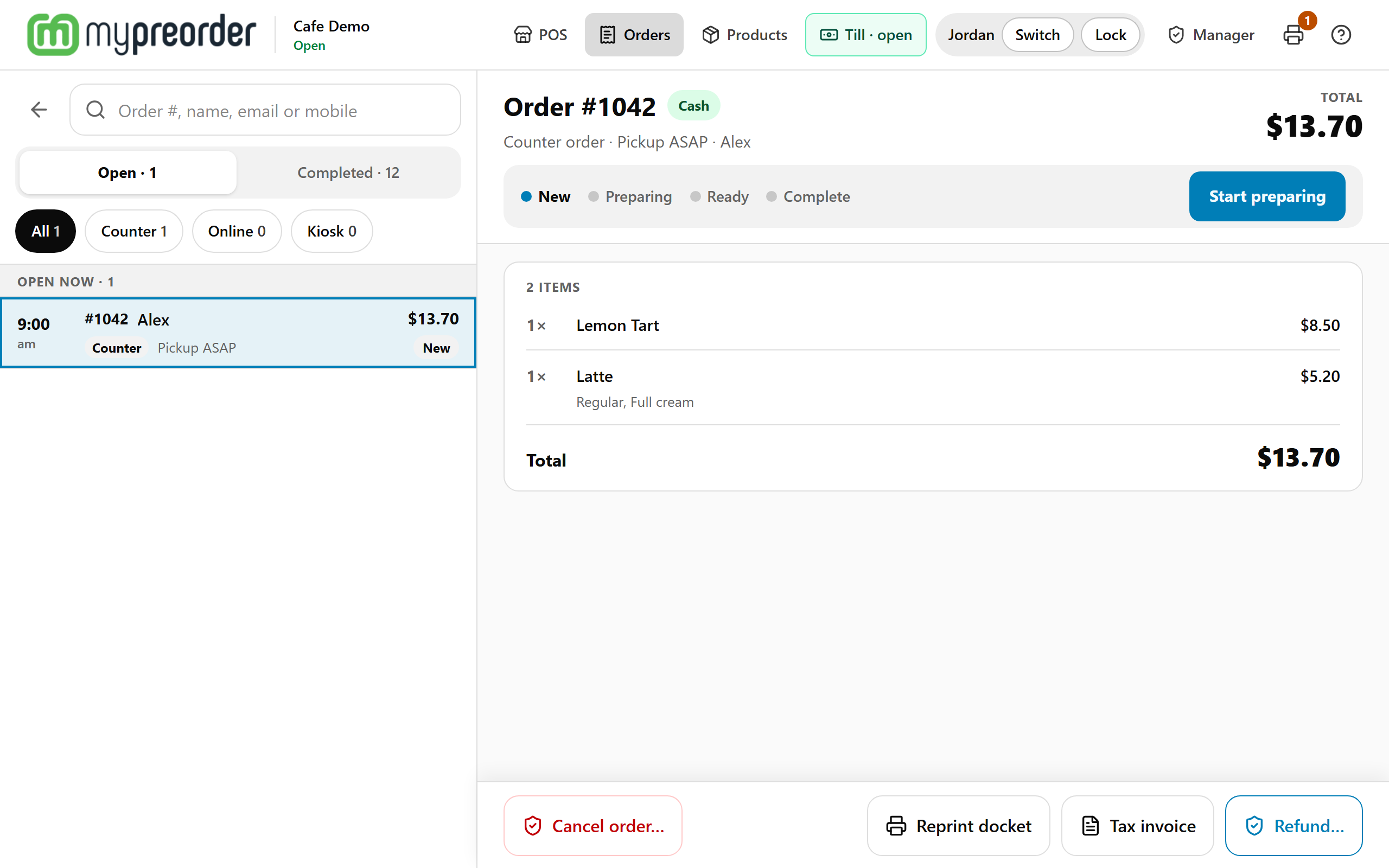 Orders on the POS: the Order #, name, email or mobile search box, the Open and Completed tabs, the All, Counter, Online and Kiosk filters and the list of orders on the left; the selected order on the right with its status and items, and Cancel order…, Reprint docket, Tax invoice and Refund… pinned at the bottom