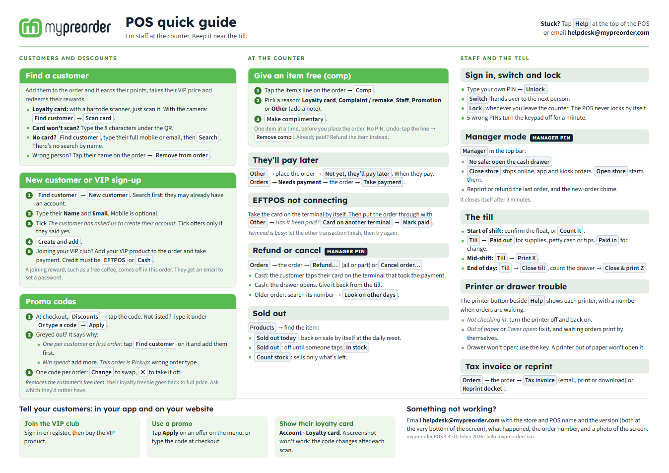 The POS quick guide: an A4 landscape page with three columns, Customers and discounts, At the counter, and Staff and the till, and along the bottom what to tell customers about your app and how to report a problem