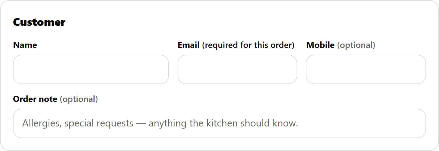 The Customer box at the POS checkout: Name, Email (required for this order), Mobile (optional) and Order note (optional)