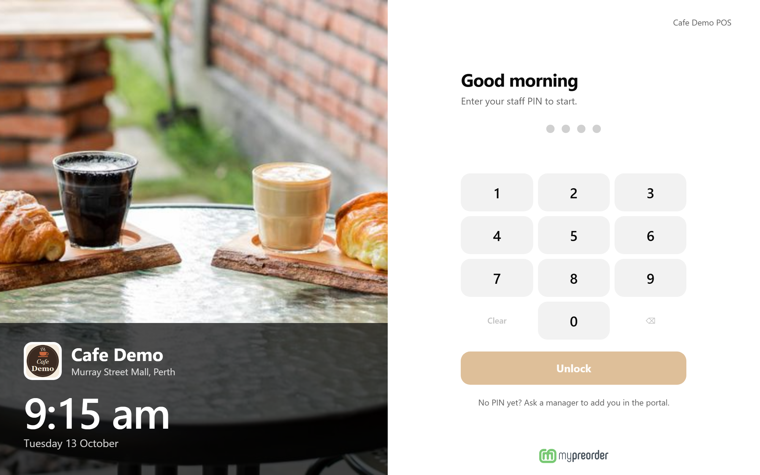 The POS staff sign-in screen: the store's photo, name and the time on the left, the PIN keypad and Unlock on the right